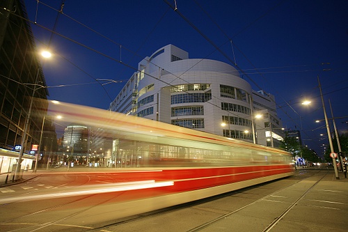exterior of The Hague's modern city hall at dusk